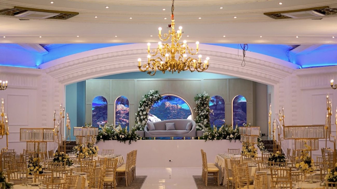 The Pavilion Dudley grand hall with chandelier and feature lighting